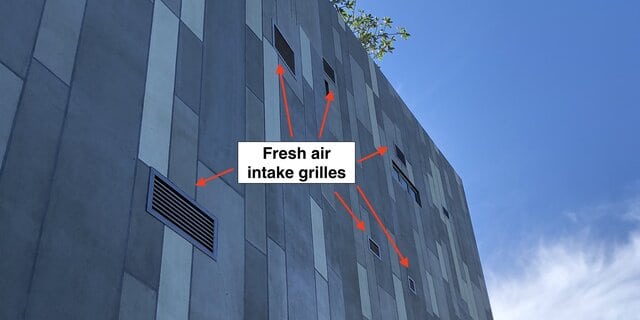 fresh air intake grilles on building external wall